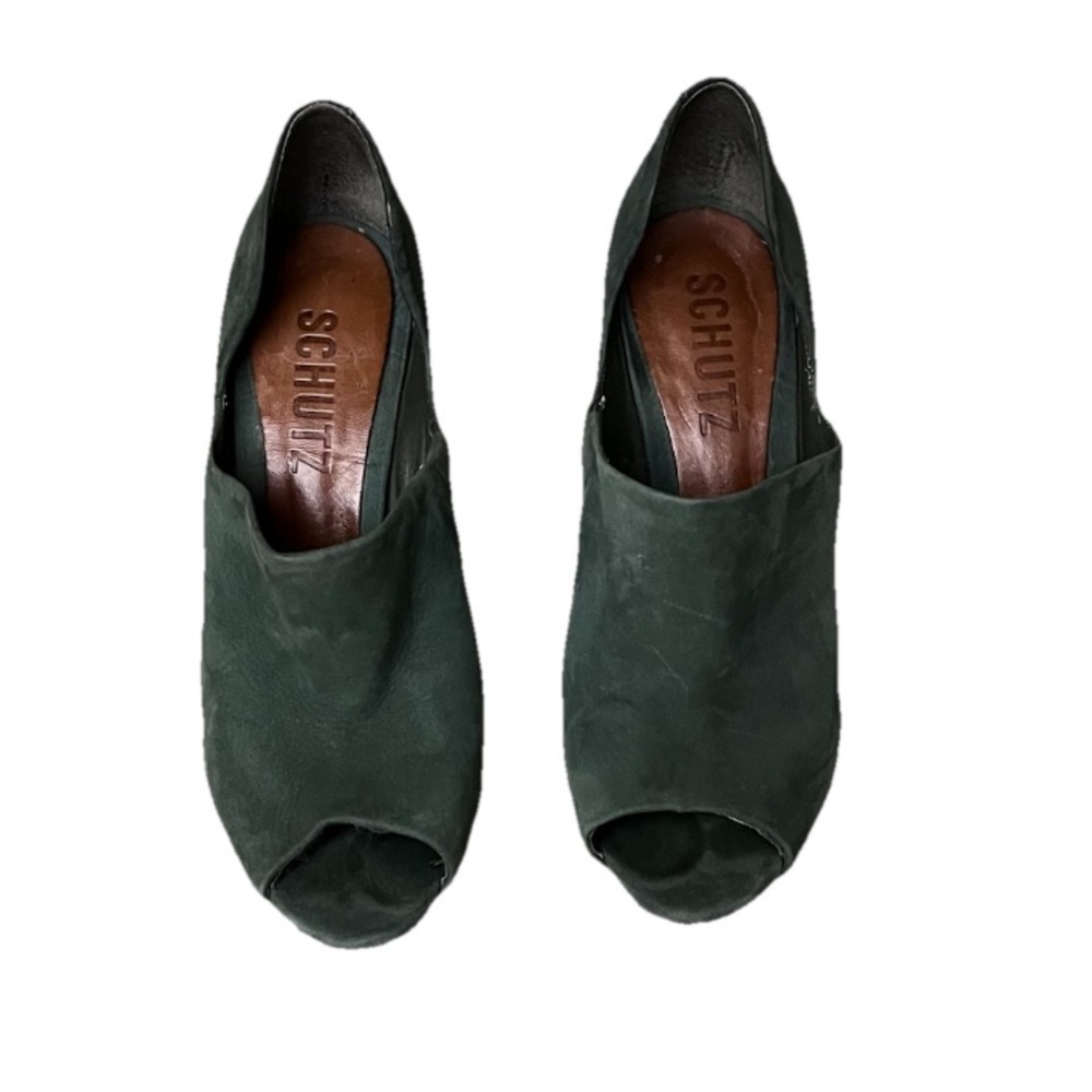 Schutz Green Suede D’Orsay Peep Toe Pumps 6B Women’s High Heel Classic Elegant - Picture 3 of 11